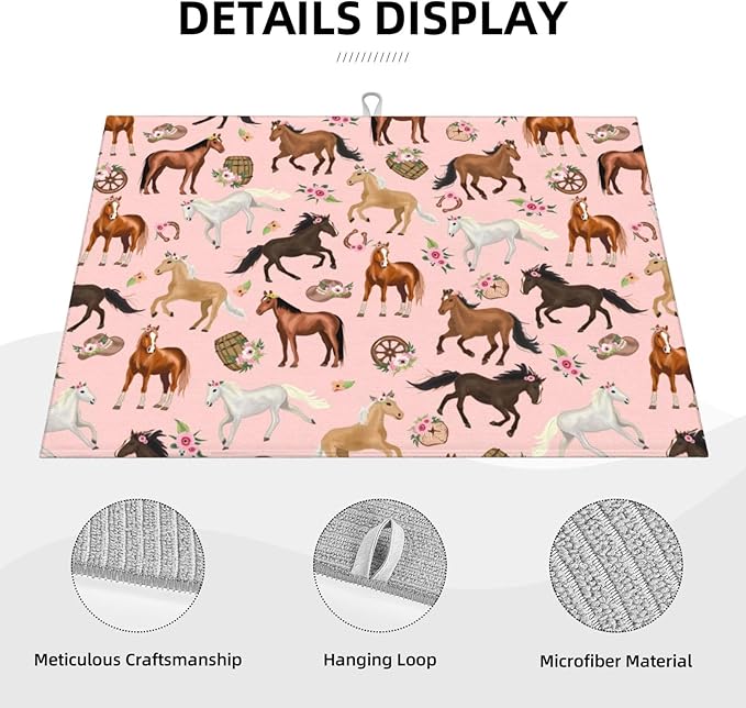 Horse Dish Drying Mat for Kitchen Counter Cute Kitchen Mat Microfiber Kitchen Countertop Absorbent Reversible Drainer Rack Pad Dish Drying Mat 18 x 24 Inch