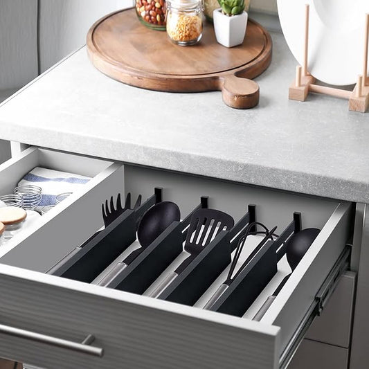 4 Pack Bamboo Drawer Dividers, Adjustable Length from 12 Inch to 17 Inch, Expandable Kitchen Drawer Organizer, Drawer Organization Separators for Clothes, Kitchen, Bedroom, Dresser, Office (Black)-NeatNest