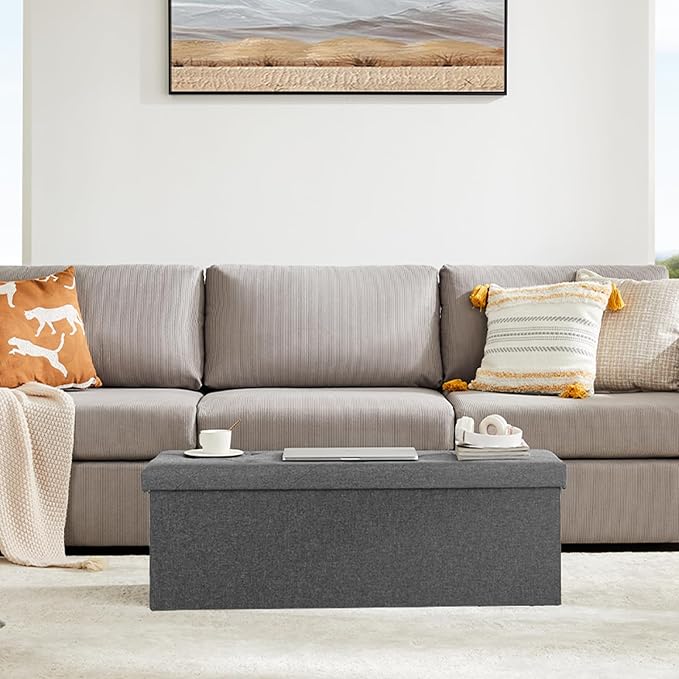 DUMOS 43in Foldable Storage Ottoman Bench, Storage Chest, End of Bed Foot Rest Stool with Padded Seat, Bedroom Bench for Living Room, Support 660lbs, Grey