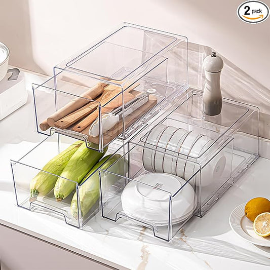 PeJeyiee Clear Stackable Refrigerator Organizers and Storage Drawers - Pull-Out Fridge Bins with Anti-Slip Base & Easy Clean, Plastic Organizers for Kitchen Pantry Cabinet Closet ﻿ (2XL)-NeatNest