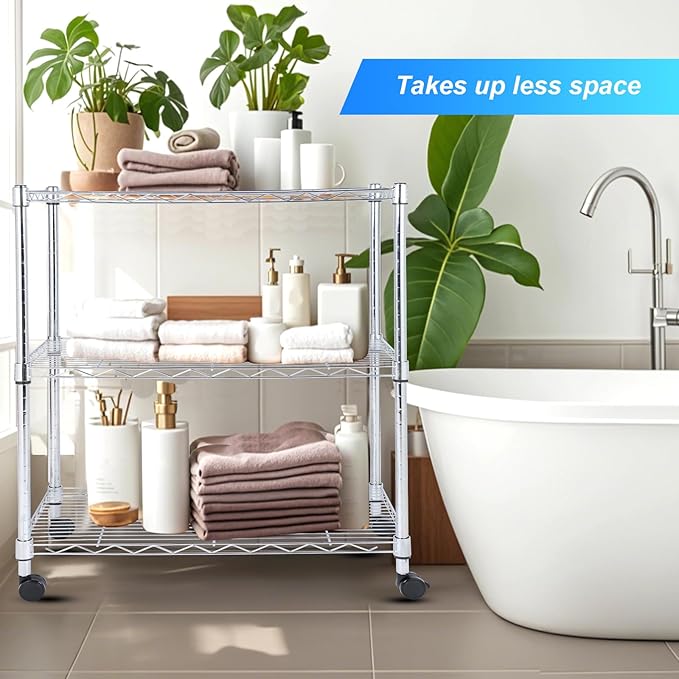 Whitmor 3 Tier Storage Shelves, Heavy Duty with Wheels, 400 lbs Capacity per Shelf, Max 1200 lbs Total, Adjustable Shelving Unit for Garage, Kitchen, Bathroom, 24" L x 14" W x 30.5" H, Chrome-NeatNest
