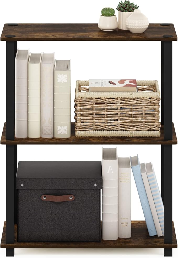 Furinno Turn-S-Tube 3-Tier Compact Multipurpose Shelf Display Rack with Square Tube, Amber Pine/Black-NeatNest