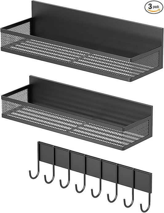 3-Pack Magnetic Spice Rack for Refrigerator - Heavy Duty Metal Kitchen Organizer with Hooks, Space-Saving Cabinet Storage, Rustproof & Easy to Clean