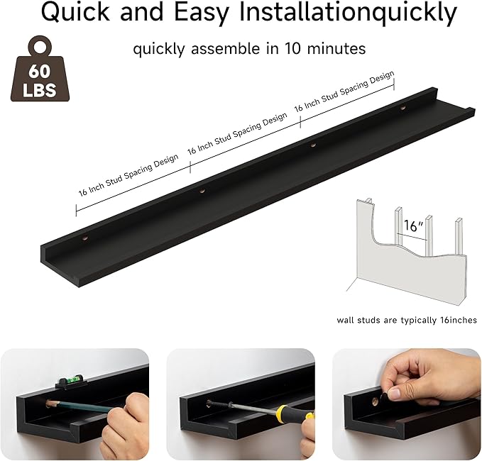 Floating Picture Ledge Shelves for Wall Set of 2, 55 Inches Picture Shelf with Ledge, Nursery Book Shelf for Toys Storage Kids Bookshelf Wall Mounted Living Room Bedroom Decor Frames, Black-NeatNest