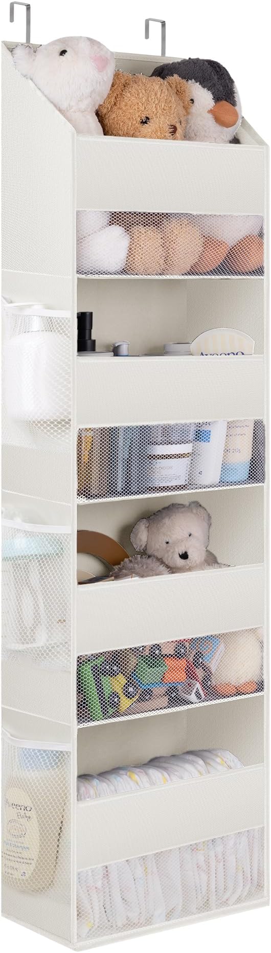 GRANNY SAYS Over The Door Organizer, 4-Shelf Behind The Door Storage with 6 Pockets and Clear Window, Anti Tilt Large Capacity Hanging Organizer for Baby Diapers, Toys, Purses, Beige, 1 Pack-NeatNest