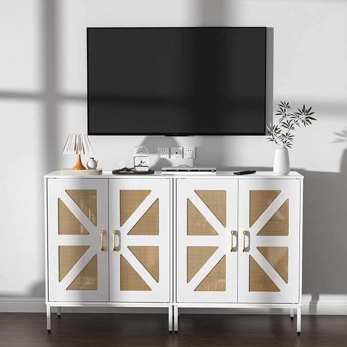 Buffet Cabinet White with Storage, Rattan Sideboard with Doors & Shelves, Accent Buffet Console Table 32.9" Media Console Mid Century Coffee Bar Table for Living Room Kitchen Dining Room-NeatNest
