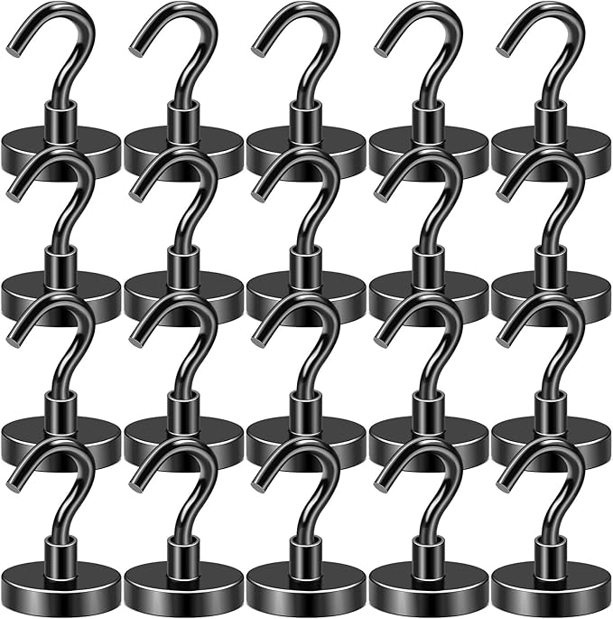 DIYMAG Black Magnetic Hooks, 80 LB Heavy Duty Strong Magnet with Hooks, Strong Rare Earth Neodymium Magnet Hooks for Hanging, Magnetic Hanger for Curtain, Home, Kitchen, Workplace, 20 Packs-NeatNest