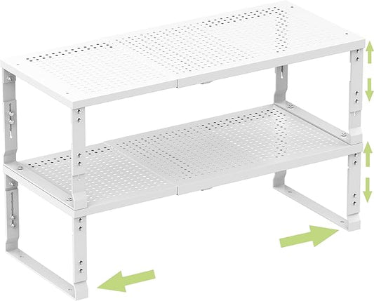 Heavy-Duty Adjustable Metal Shelf Organizer - Expandable & Stackable Pantry Storage Rack for Kitchen, Bathroom, RV, Cabinets(2 Packs/White, Medium)-NeatNest