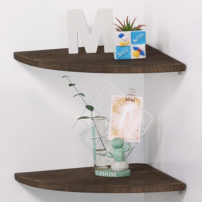 10 inch Corner Wall Shelf, Set of 2 Solid Wood Corner Floating Shelves for Wall, Round End Wall Mounted Floating Corner Shelf for Bedroom, Living Room and Kitchen (Brown-10 inch)-NeatNest