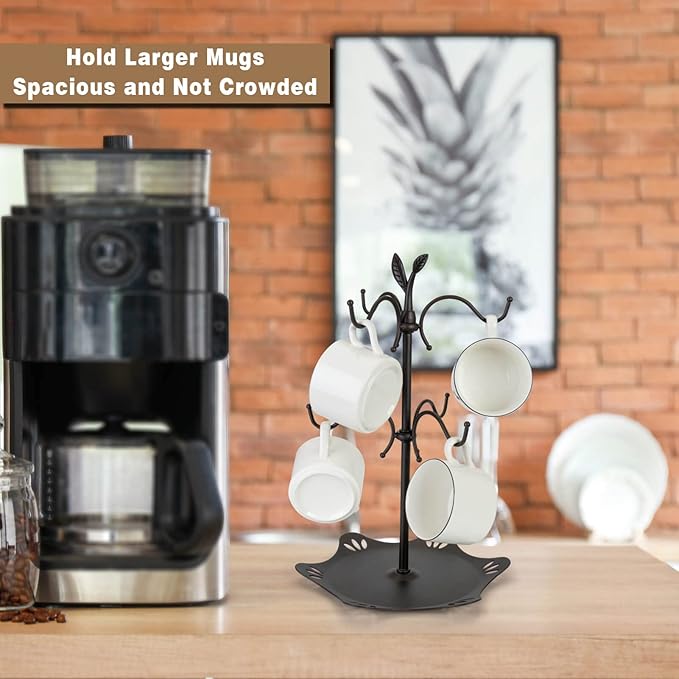 Coffee Mug Holder for Large Mugs, Mug Tree for Counter, Cup Holder for Countertop, Mug Rack with Tray, Metal Mug Tree with 6 Hooks, Coffee Counter Bar Accessory & Kitchen Home Organizer-NeatNest