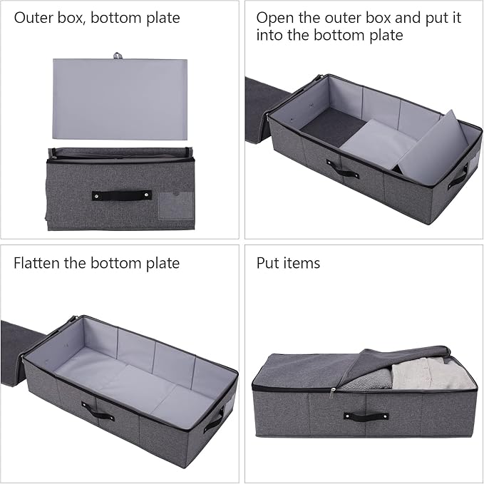2PCS Foldable Under Bed Storage Box with Plastic Support Liner, Handles, Zipper lid, Blankets Clothes Comforters Storage Bin Organizer for Bedroom and Closet, 29×15×7inch, Black Grey-NeatNest