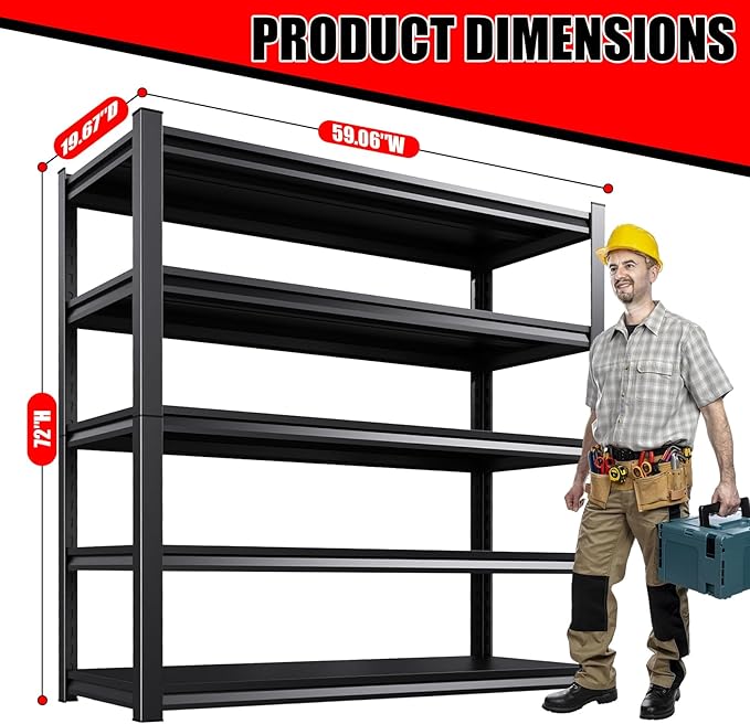 5-Tier Metal Garage Shelving, Heavy Duty Shelving 3500LBS Adjustable Garage Shelves,Utility Rack Large Industrial Shelves for Basement, Warehouse, Easy Assembly, Black 72''H x 59.1''W x 19.7''D