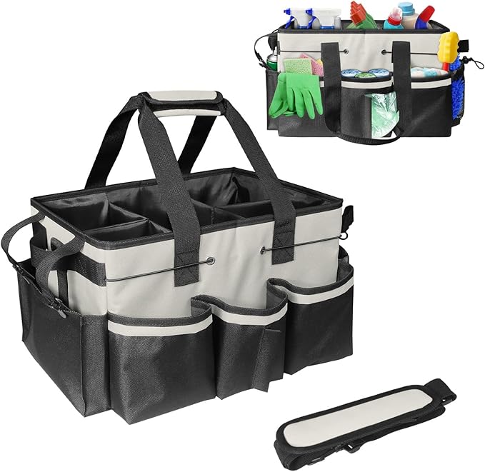 Boczif Cleaning Caddy Bag Wearable, Cleaning Caddy Supplies Organizer with Handle, Shoulder Straps & Detachable Divide, Cleaning Tool Organizers Tote Bag for Cleaners & Housekeepers (White)-NeatNest