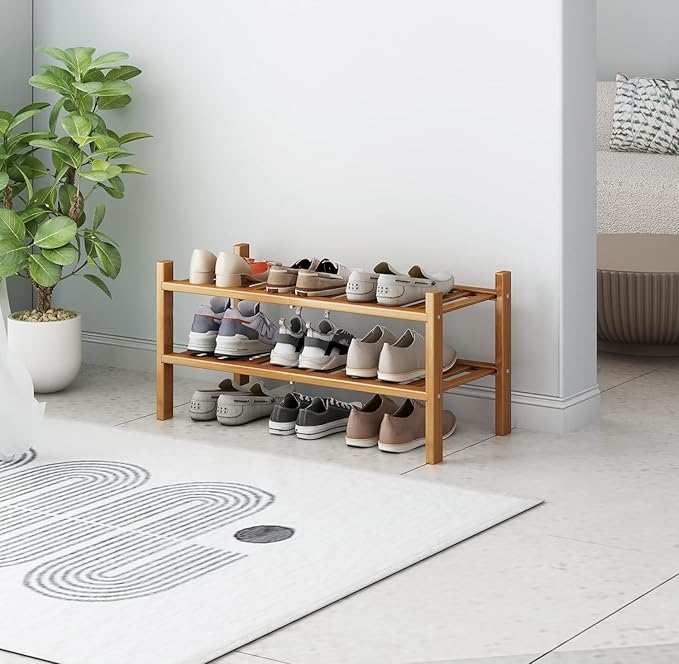 Bamboo Shoe Rack 2-Tier Organizer-Stackable Storage Shelf with Multi-Function Combinations-Free Standing Shoe Racks for Closet,Entryway,Hallway,Bathroom,Living Room Shoe Organization (Natural, 2-Tier)-NeatNest
