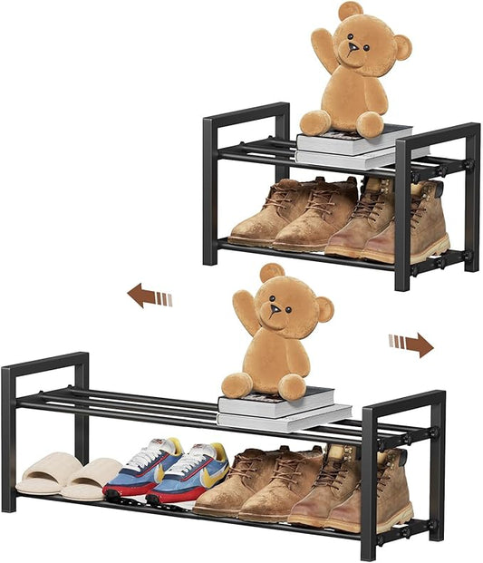 2-Tier Expandable Shoe Rack,Adjustable Shoe Shelf Storage Organizer Heavy Duty Metal Free Standing Shoe Rack for Entryway Closet Doorway (Black)-NeatNest