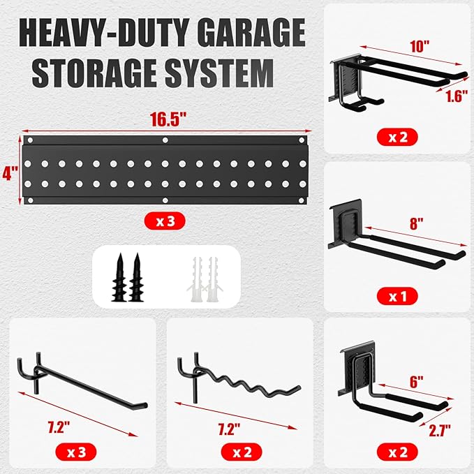 Garage Tool Organizer Wall Mount 48 inches with 10 Adjustable Heavy-Duty Hooks, Garage Organization, Garden Tool Storage Rack for Garage, Yard, and Shed, Holds Up to 400 lbs