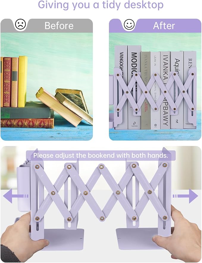 Honagu Adjustable Bookends, Metal Book Ends for Shelves Heavy Book, Desk Magazine File Organizer for Home, Office, Books, Papers with Removable Hook, Pen Holder（Light Purple）