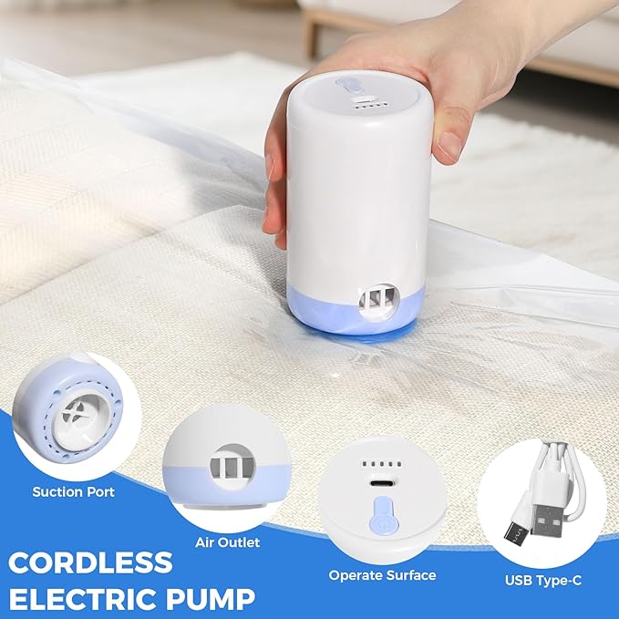 10 Pack Travel Vacuum Storage Bags with USB Electric Pump, Combo Space Saver Vacuum Seal Bags for Clothing Travel Vaccine Sealed Storage Bag for Blankets Clothes Comforters Luggage, Clear-NeatNest
