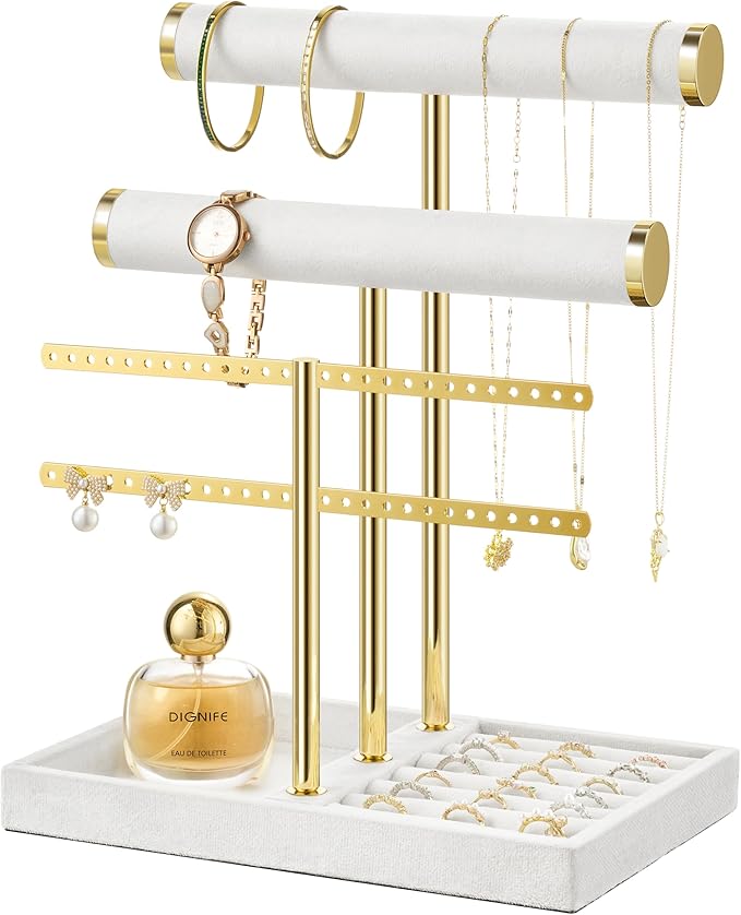 3 Tier Bracelet Holder Display - Detachable T Bar White Velvet Bracelet Holder, Jewelry Holder Organizer for Bracelet, Necklace, Earrings, Rings