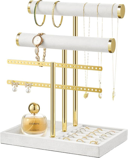3 Tier Bracelet Holder Display - Detachable T Bar White Velvet Bracelet Holder, Jewelry Holder Organizer for Bracelet, Necklace, Earrings, Rings
