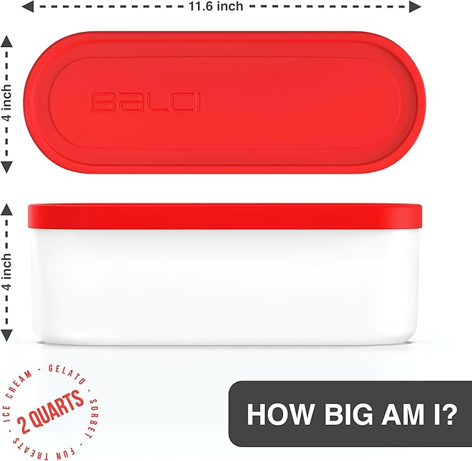 BALCI - Ice Cream Container - 2 Quart - Perfect Reusable Freezer Storage for Homemade Ice Cream Tubs for Sorbet, Frozen Yogurt and Gelato! - Flexible Silicone Lids, Long Scoop, Stackable - Red
