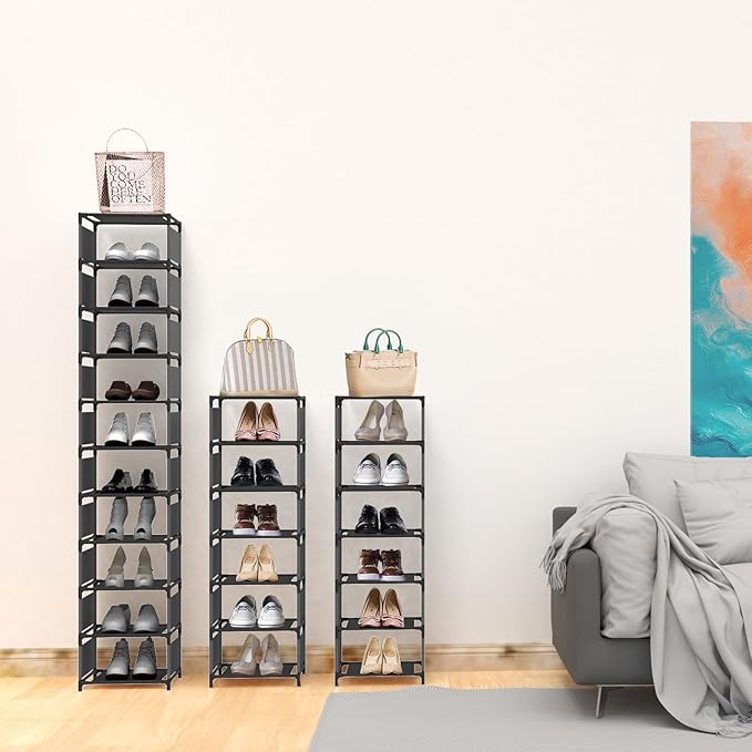 Vertical Narrow Tall Shoe Rack for Front Door Entrance,10 Tiers Sturdy Metal Shoe Rack Organizer for Closet Entryway, Storage Shelf, Space Saving Stackable Shoe Tower-NeatNest