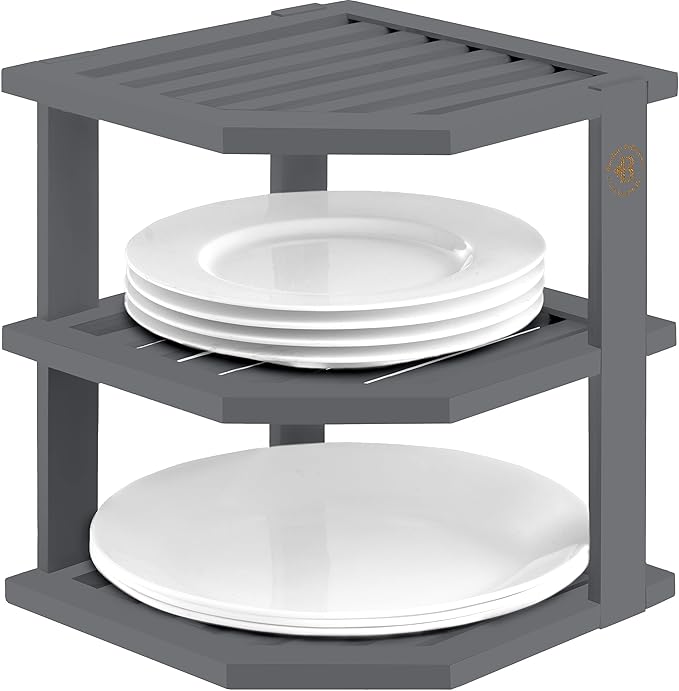 Cabinet Organizer Shelf - Bamboo Corner Rack for Kitchen Counter, Cabinet Space Saver for Plates, Dishes, Bowls, Bread Pantry, Bathroom Storage or Countertop Stand, Grey-NeatNest