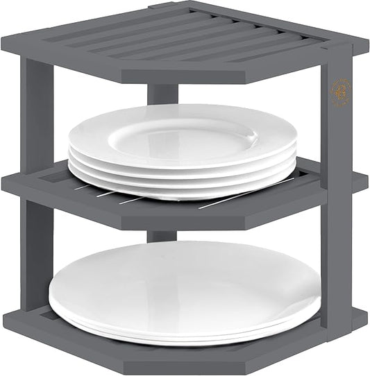 Cabinet Organizer Shelf - Bamboo Corner Rack for Kitchen Counter, Cabinet Space Saver for Plates, Dishes, Bowls, Bread Pantry, Bathroom Storage or Countertop Stand, Grey-NeatNest