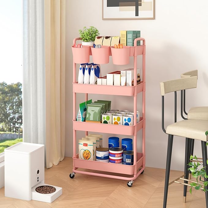 JIUYOTREE 4-Tier Plastic Rolling Storage Cart Utility Cart with Extra Hanging Cups Handles Lockable Wheels for Living Room Bathroom Kitchen Office Pink-NeatNest