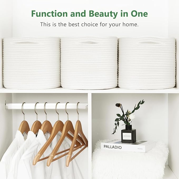 Cotton Rope Storage Basket, 15x10x9 Inches, Woven Basket for Shelves, Clothes, Toys, Towels, Books, and Laundry, Durable and Stylish, White (3 Pack)-NeatNest