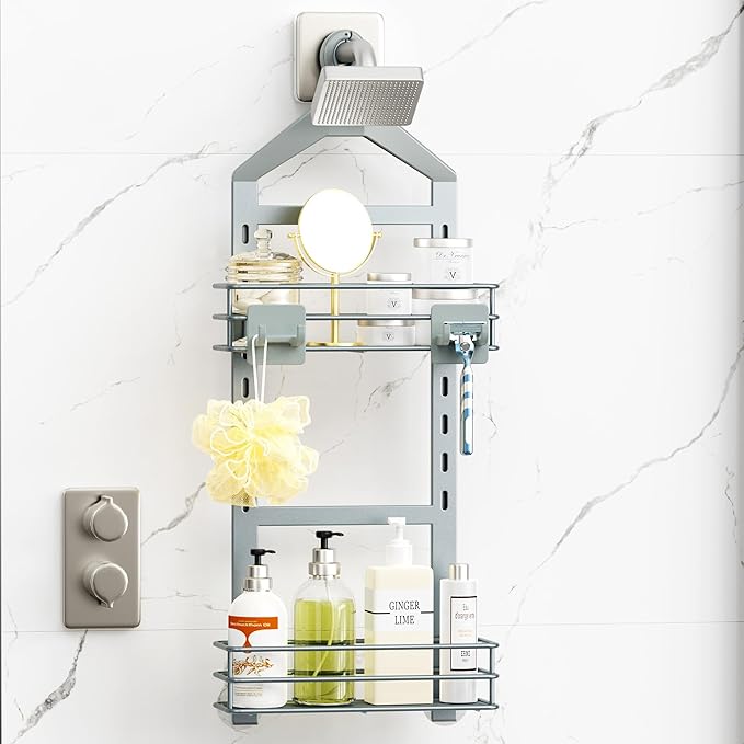 Orimade Adjustable Anti-Slip Shower Caddy Over Shower Head, Rustproof Bathroom Hanging Shower Organizer with 2 Hooks for Razor, No Drilling Shower Shelves Storage Rack 2 Tier, Light Grey