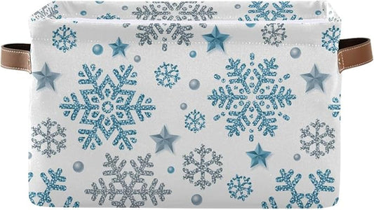 Bolaz Christmas Snowflake Storage Basket,Blue White Snowflakes Large Storage Bin Fabric Collapsible Organizer Bag with Handles 15x11x9.5 inch-NeatNest