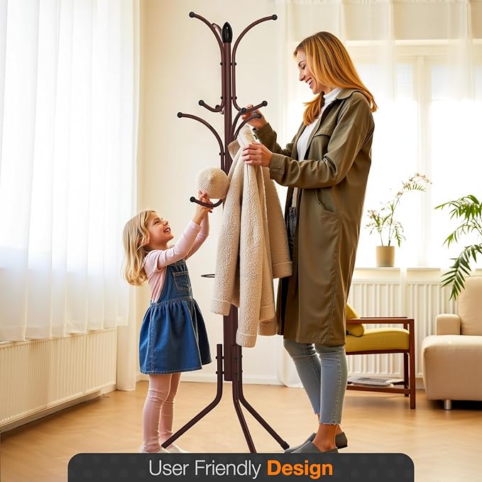 Coat Rack Freestanding,12 Hooks Metal Coat Racks with Umbrella Holder,Sturdy Hall Rree,Easy Assembly Coat Rack Stand for Hanging Scarf,Purse,Hats,Jacket(Brown)-NeatNest