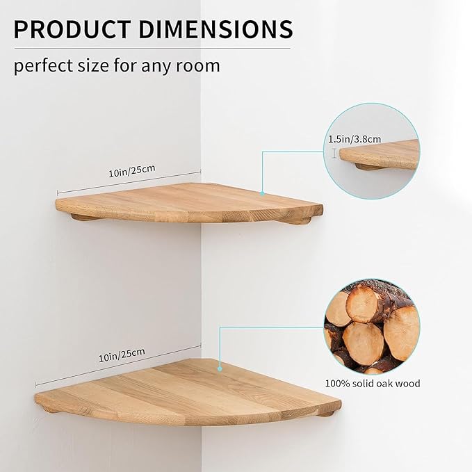 Corner Shelves Wall Mount, 10inch Oak Wood Floating Corner Shelves Set of 2 Round End Small Plant Shelf Wall Mount for Kitchen, Living Room, Bedroom…-NeatNest