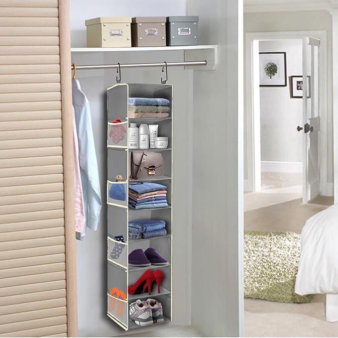 2 Pack Large-Sized Hanging Shoe Organizer 8-Shelf, Hanging Closet Organizer with 8 Side Pockets, Wider Hanging Shelves for Storage Shoes Clothes 9" W × 11.8" D× 48" H, Grey.-NeatNest