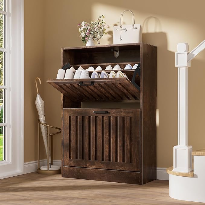 Shoe Storage Cabinet for Entryway with 2 Flip Drawers, Wooden Shoe Organizer with Adjustable Shelf, Freestanding Wood Fluted Panel Shoes Cabinet Closed Shoe Rack for Hallway, Foyer, Walnut-NeatNest