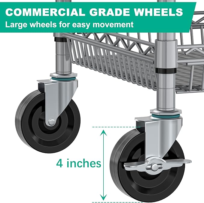 Rolling Cart with Wheels, Heavy Duty 3 Tier Metal Utility Cart 990lbs Capacity, Multi-Purpose Wire Rolling Storage Trolley for Kitchen Garage Office Commercial Use, Gray