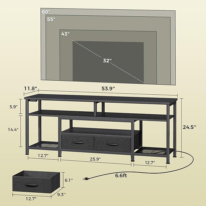 Huuger TV Stand for 55 60 Inch TV, Entertainment Center with Power Outlets and LED Lights, 54 Inch TV Console for Living Room, Media Console with Drawers and Shelves, Black-NeatNest