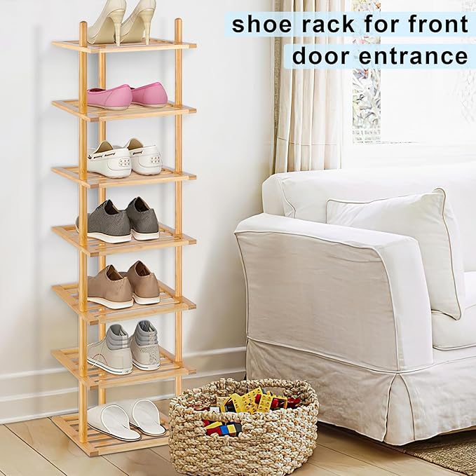 7-Tier Shoe Rack for Closet, Shoes Organizer Free Standing Shelf Entryway and Closet Hallway, Small Space Stackable Bamboo Multifunctional Racks Shoe Storage-NeatNest