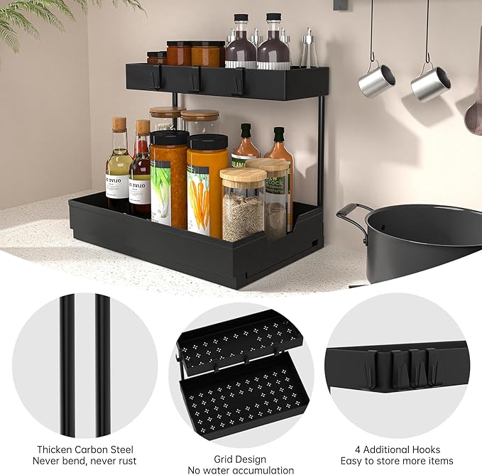 2-Tier Under Sink Organizers 2 Pack Sliding L-shape Cabinet Organizers Narrow Space Storage Shelves Multi-purpose Sink Organizer Baskets with 4 Hook for Kitchen Bathroom Drawer, Black-NeatNest