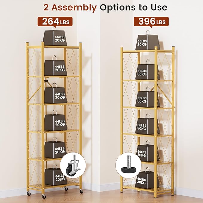 ALANNG 73.6 Inch Folding Bookshelf, 6 Tier Metal Bookcase and Bookshelves, Tall Shelves for Living Room Office Bedroom, Heavy Duty Book Shelve Free Standing Open (Gold, 4PACK)