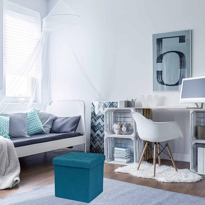Sorbus Folding Ottoman - Foot Rest Cube, Bedroom Bench, Coffee Table, Shoe Storage, Foot Stool, Pouf - Teal Blue Suede Velvet-NeatNest
