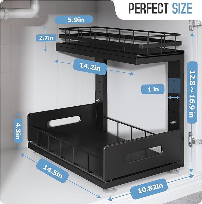 1 Pack Under Sink Organizer Upgrade To Professional Rails,2-Tier Dual Pull Out Cabinet Storage,Height Adjustable Slide Out Drawers For Bathroom Kitchen,Under Sink Shelf-Black-NeatNest