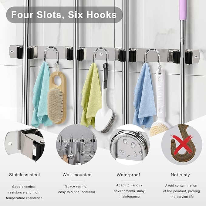 Mop Broom Holder Wall Mount, Silver Stainless Steel Tool Storage Organizer for Kitchen Garden Garage Laundry Room Bathroom and RV with 4 Slots 6 Hooks-NeatNest