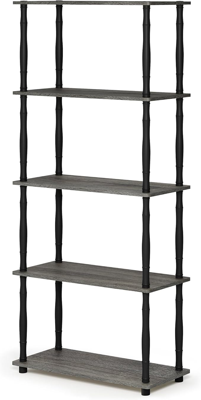 Furinno Turn-N-Tube 5-Tier Multipurpose Shelf Display Rack with Classic Tubes, French Oak Grey/Black-NeatNest