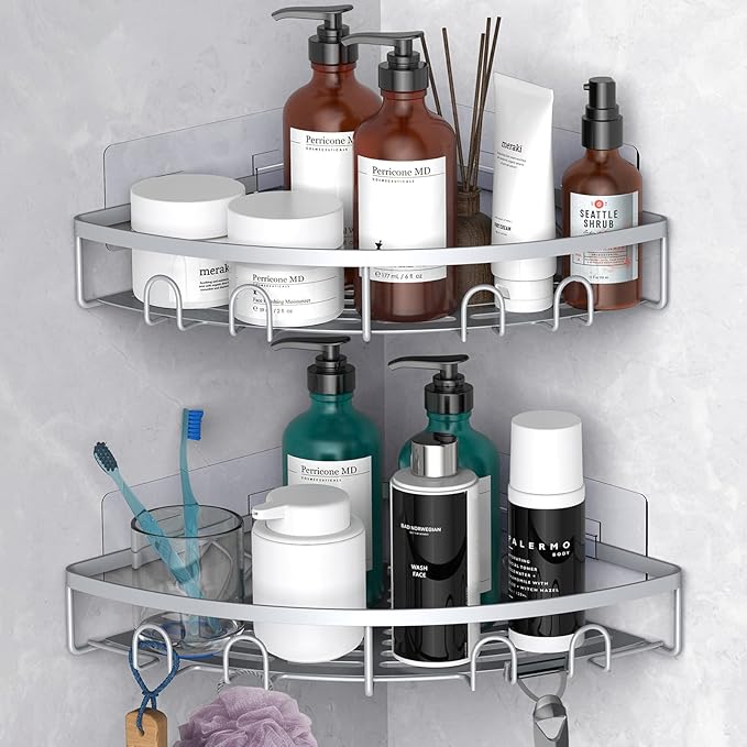 Corner Shower Caddy, 2 Pack Adhesive Bathroom Shower Corner Organizer Shelf, No Drilling Rustproof Wall Mounted Shower Storage Rack Shampoo Holder Organizer (Silver)