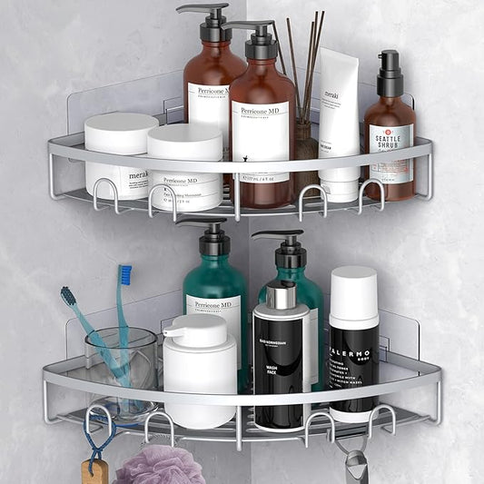 Corner Shower Caddy, 2 Pack Adhesive Bathroom Shower Corner Organizer Shelf, No Drilling Rustproof Wall Mounted Shower Storage Rack Shampoo Holder Organizer (Silver)