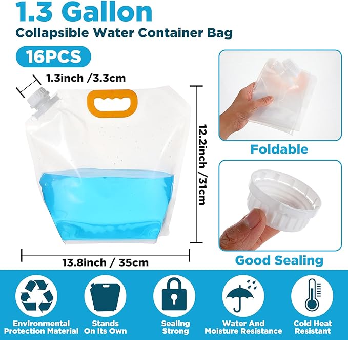 16 Pcs Collapsible Water Emergency Container Bag, 1.3 Gallon Storage Bags, Freezable, BPA Free Food Grade Clear Plastic Water Carrier Tank, Foldable Storage Bottle for Camping Riding