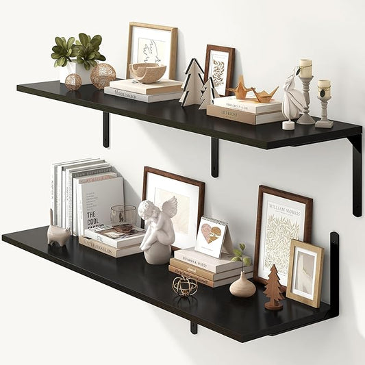 Fun Memories Floating Shelves for Wall, 12 Inch Deep Floating Shelves Set of 2, Wall Mounted Shelf with Metal Brackets, Rustic Wood Wide Shelf for Bathroom, Kitchen and Living Room, Black, 48W x 12D-NeatNest
