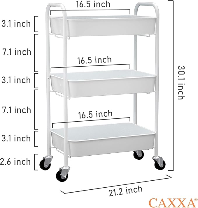 CAXXA 3-Tier Rolling Metal Storage Organizer - Mobile Utility Cart Kitchen Cart with Caster Wheels, White-NeatNest